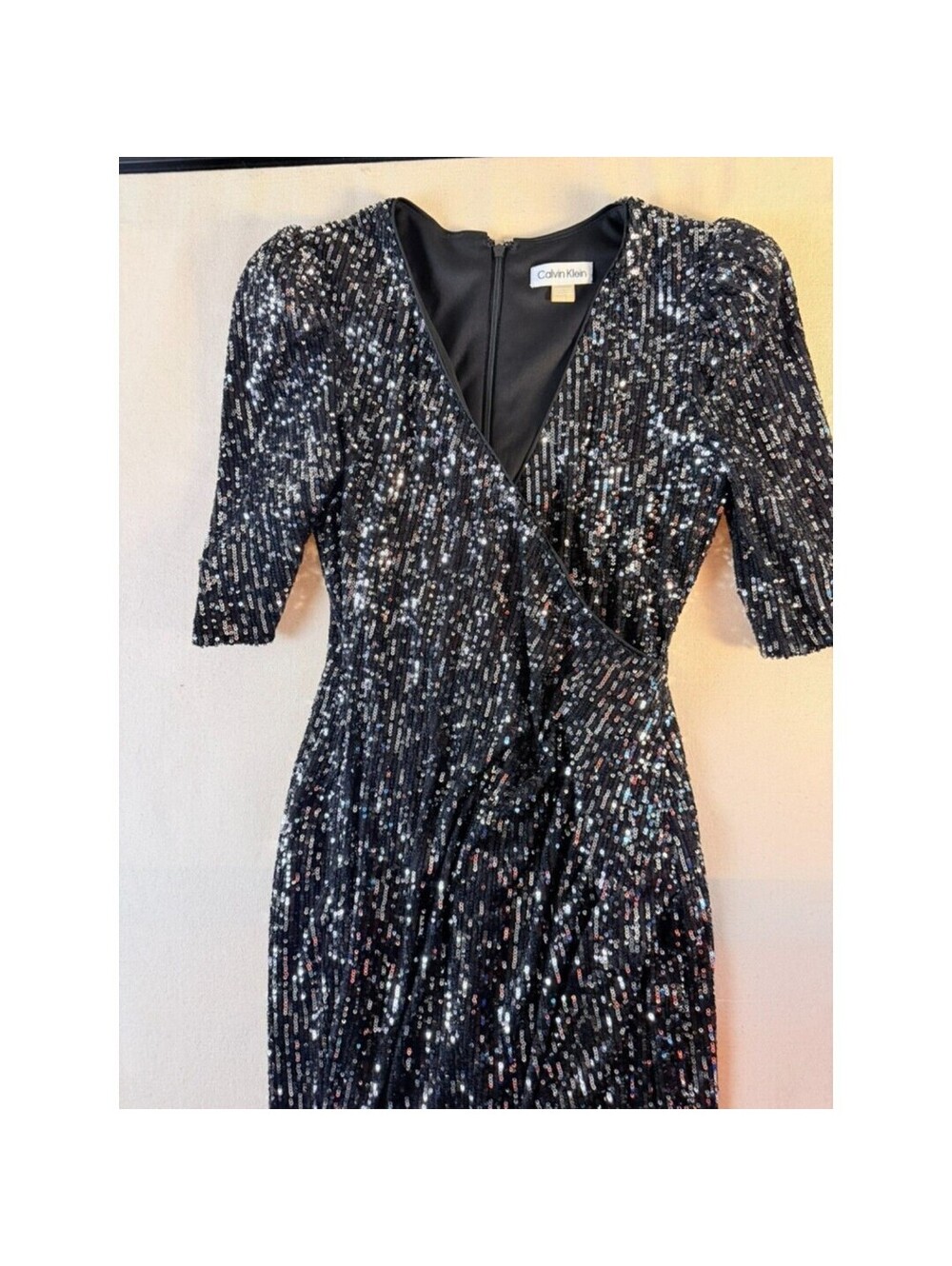 Calvin Klein Black Sequin Faux Wrap Midi Dress Size 2 Cocktail Party Formal